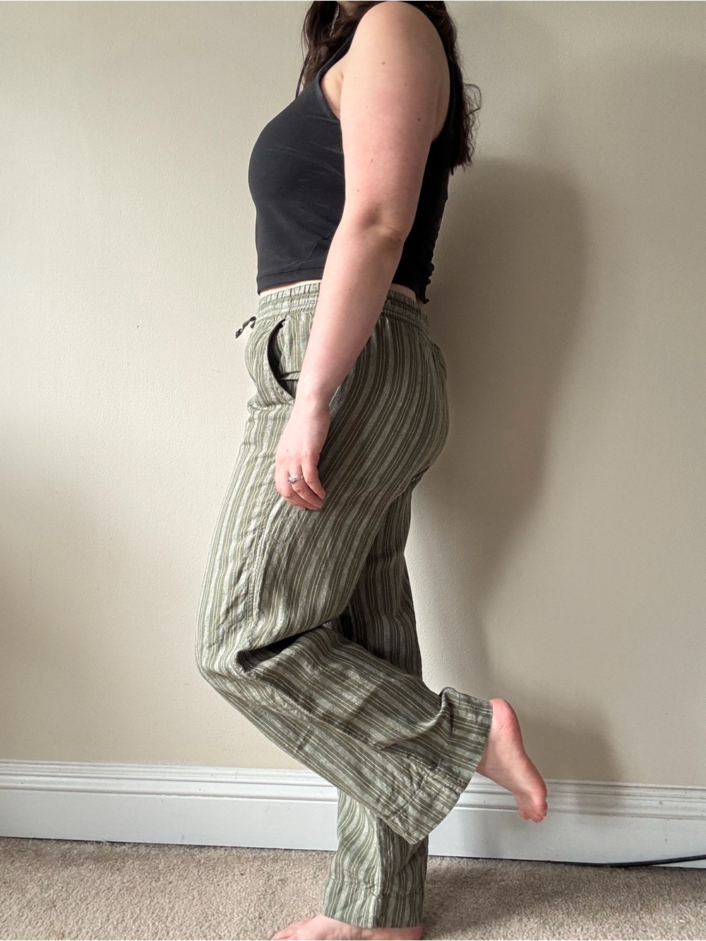 LL Bean Wide-Leg Striped Linen Pants in Olive - Picture 3 of 8